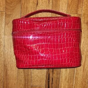 Red Croc Embossed Cosmetic Train Case Makeup Bag Leopard Lining Organizer P-007